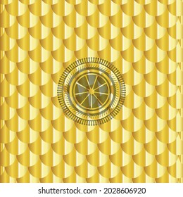 icono naranja dentro de la insignia de oro. Patrón de escalas. Ilustración vectorial. Detallado. 