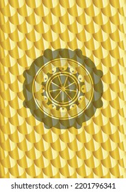 icono naranja dentro del emblema de oro o la placa. Patrón de escalas. Ilustración vectorial. Detallado. 