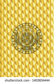 orange icon inside gold shiny emblem. Scales pattern. Vector Illustration. Detailed.