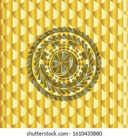 orange icon inside gold shiny emblem. Scales pattern. Vector Illustration. Detailed.