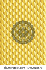 orange icon inside golden badge or emblem. Scales pattern. Vector Illustration. Detailed.
