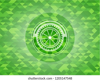 orange icon inside green emblem with mosaic background