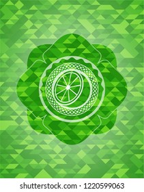 orange icon inside green emblem with mosaic ecological style background