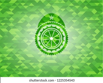 orange icon inside green emblem. Mosaic background