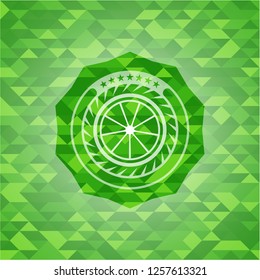 orange icon inside green emblem with triangle mosaic background