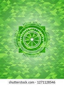 orange icon inside green emblem with mosaic background