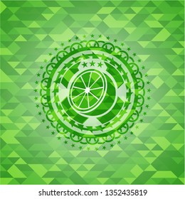 orange icon inside green emblem. Mosaic background
