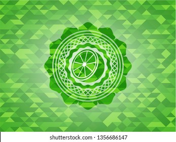 orange icon inside green emblem. Mosaic background