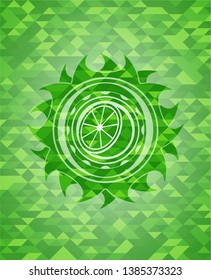 orange icon inside green emblem. Mosaic background