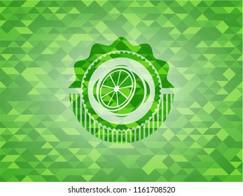 orange icon inside green mosaic emblem