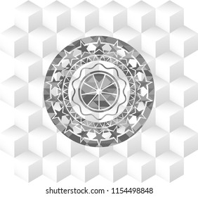 orange icon inside grey badge with geometric cube white background