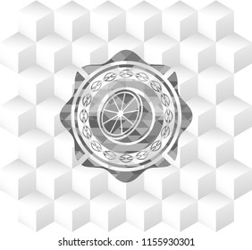 orange icon inside grey badge with geometric cube white background