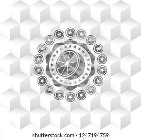 orange icon inside grey badge with geometric cube white background