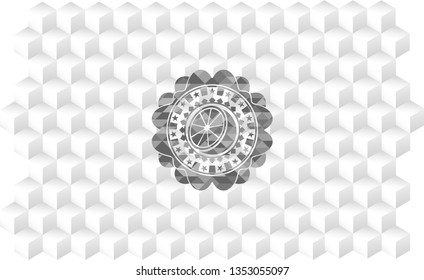 orange icon inside grey badge with geometric cube white background