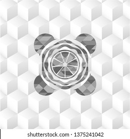 orange icon inside grey badge with geometric cube white background