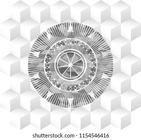 orange icon inside grey emblem with cube white background