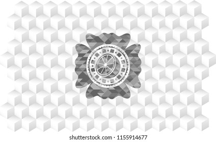 orange icon inside grey emblem with geometric cube white background