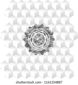 orange icon inside grey emblem. Vintage with geometric cube white background
