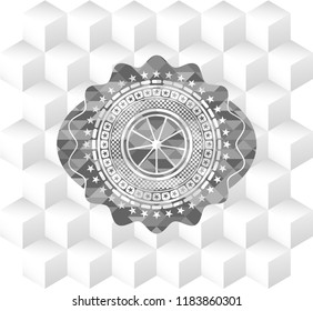 orange icon inside grey icon or emblem with geometric cube white background