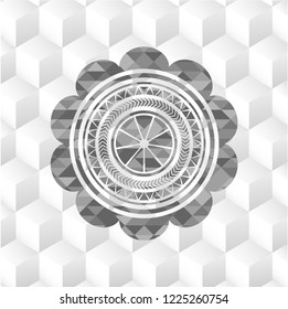 orange icon inside grey icon or emblem with geometric cube white background