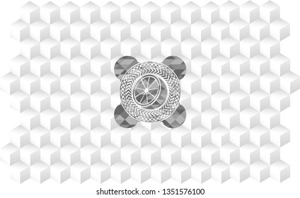 orange icon inside grey emblem. Vintage with geometric cube white background