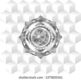 orange icon inside grey emblem with geometric cube white background