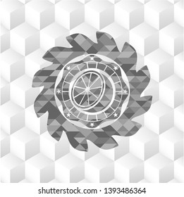 orange icon inside grey emblem with cube white background