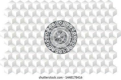 orange icon inside grey emblem with geometric cube white background