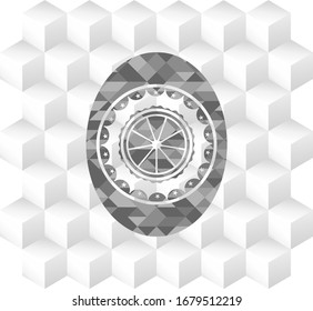 orange icon inside grey emblem. Retro with geometric cube white background