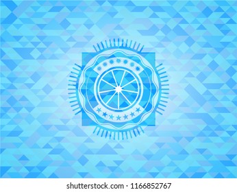 orange icon inside light blue mosaic emblem