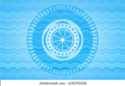 orange icon inside light blue water wave badge.