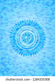 orange icon inside light blue mosaic emblem