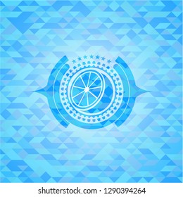 orange icon inside light blue emblem with triangle mosaic background