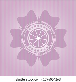 orange icon inside pink emblem. Retro