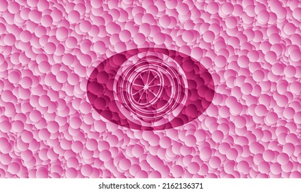 orange icon inside pink emblem with bubbles background. Vintage. Vector Illustration. Detailed. 