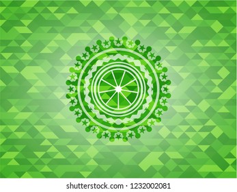 orange icon inside realistic green mosaic emblem
