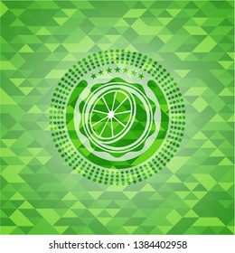 orange icon inside realistic green emblem. Mosaic background