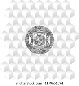 orange icon inside realistic grey emblem with geometric cube white background