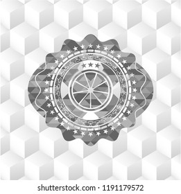 orange icon inside realistic grey emblem with geometric cube white background