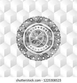 orange icon inside realistic grey emblem with cube white background