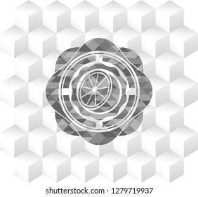 orange icon inside realistic grey emblem with geometric cube white background
