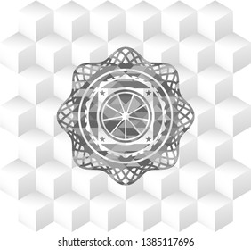 orange icon inside realistic grey emblem with cube white background