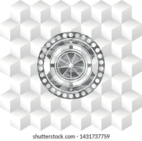 orange icon inside realistic grey emblem with geometric cube white background