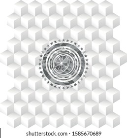 orange icon inside realistic grey emblem with cube white background
