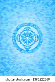 orange icon inside realistic light blue emblem. Mosaic background
