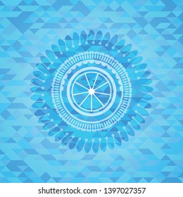 orange icon inside realistic light blue mosaic emblem