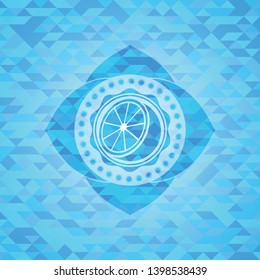 orange icon inside realistic light blue emblem. Mosaic background