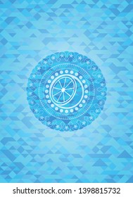 orange icon inside realistic light blue mosaic emblem