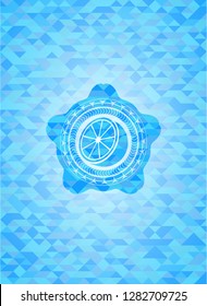 orange icon inside realistic sky blue mosaic emblem