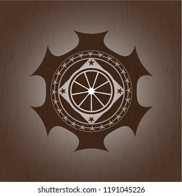 orange icon inside realistic wooden emblem